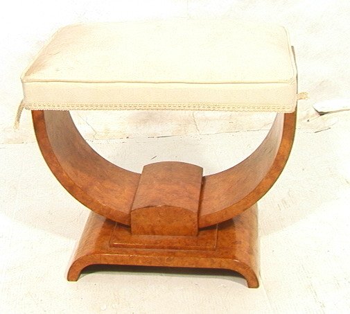 ART DECO Burl Wood Vanity Bench. Nicely grained &: ART DECO Burl Wood Vanity Bench. Nicely grained & figured burl wood. Strong Deco styling. White fabric cushion.-- Dimensions: H: 16.5 inches: W: 19 inches: D: 14 inches ---