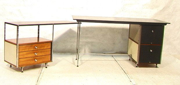 2pc CHARLES & RAY EAMES ESU Desk & Return. circa 1: 2pc CHARLES & RAY EAMES ESU Desk & Return. circa 1953. Steel frame desk with black top and drawers. Colored sides. Return with natural maple drawers.-- Dimensions: H: 29.5 inches: D: 28 inches: L: 60