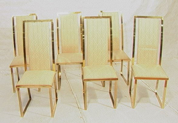 Set 6 MILO BAUGHMAN style Brass Dining Chairs. Ta: Set 6 MILO BAUGHMAN style Brass Dining Chairs. Tall brass colored frame backs with upholstered back & seat. Marked: Italchrome. Made in Italy.-- Dimensions: H: 45 inches: W: 18 inches: D: 20 inches --