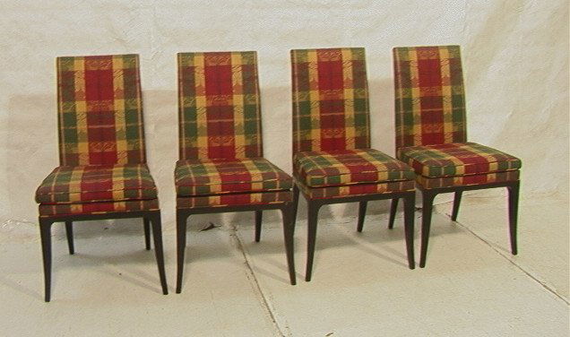 Set 4 HARVEY PROBBER Dining Chairs. Ebonized Tape: Set 4 HARVEY PROBBER Dining Chairs. Ebonized Tapered Saber Legs. Damask fabric. Unmarked.-- Dimensions: H: 37.5 inches: W: 19 inches: D: 23.5 inches ---