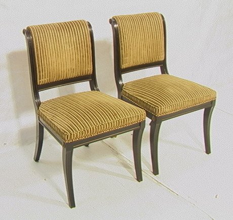 Pr Ebonized Wood Slipper Side Chairs. Striped Flo: Pr Ebonized Wood Slipper Side Chairs. Striped Flocked Fabric. Brass rosette accents. Unmarked.-- Dimensions: H: 35.5 inches: W: 22 inches: D: 24.5 inches ---
