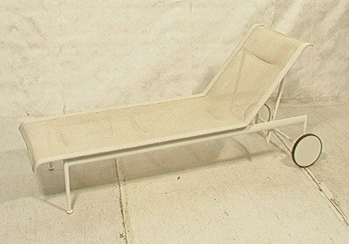 RICHARD SCHULTZ Outdoor Patio Lounge Recliner. Wh: RICHARD SCHULTZ Outdoor Patio Lounge Recliner. White leather trimmed. -- Dimensions: : D: 26 inches: L: 76 inches ---