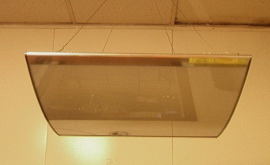 Modernist Chrome Plexiglas Chandelier. Sloped Pl: Modernist Chrome Plexiglas Chandelier. Sloped Plexiglas suspended from hanging light fixture.-- Dimensions: H: 29 inches: W: 26 inches ---