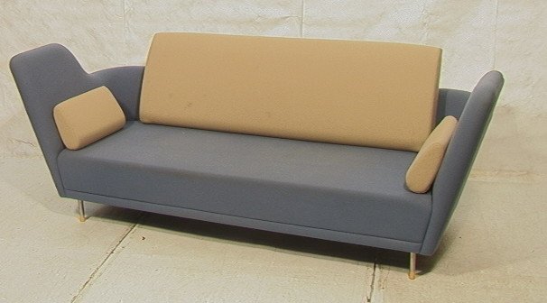 Finn Juhl 57 Sofa by Brayton. Couch.: Finn Juhl 57 Sofa by Brayton. Terry Bundy Memphis Style Sofa Couch. Metal legs with wood caps. Pale blue upholstery with beige cushion. Designed for International. Label.-- Dimensions: H: 34 inches: D
