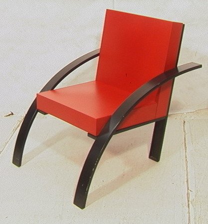 Memphis Style Lounge Chair. Black Metal Frame wit: Memphis Style Lounge Chair. Black Metal Frame with red seat & back. -- Dimensions: H: 32.5 inches: W: 29..5 inches: D: 42 inches ---
