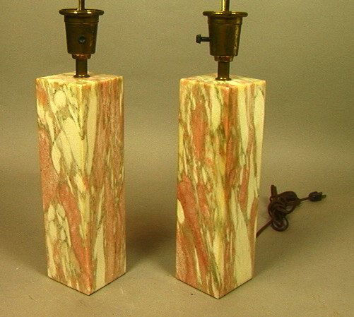 GAETANO SCIOLARI Rose Colored Marble Table Lamps.: GAETANO SCIOLARI Rose Colored Marble Table Lamps. Square columns. Marble is 12" tall.-- Dimensions: ---