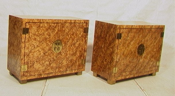 Pr HENREDON Oil Spot Lacquer Servers Credenzas. E: Pr HENREDON Oil Spot Lacquer Servers Credenzas. Each cabinet has two doors. Interior has drawer & shelf. Asian brass pulls & hinges. Brass wrapped feet. Marked.-- Dimensions: H: 31 inches: W: 39 inche