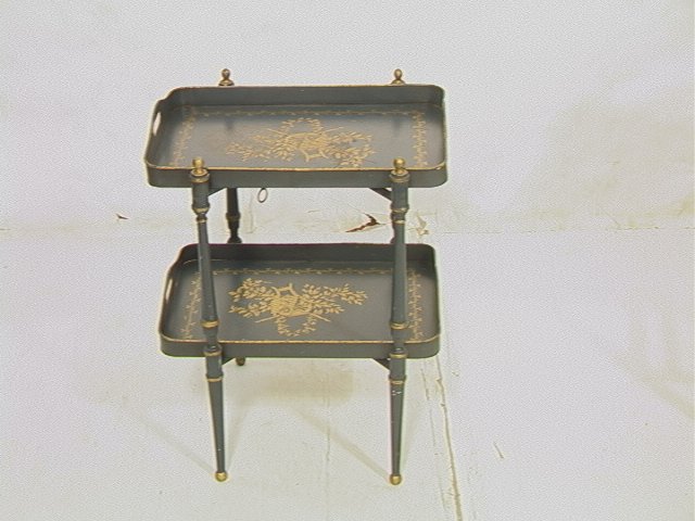 Two Tier Metal Italian Toleware Side Table. Blue: Two Tier Metal Italian Toleware Side Table. Blue painted tray with gold accents & paint decoration. Musical theme. Both handled trays are removable.-- Dimensions: H: 23.5 inches: W: 18.25 inches: D: 1