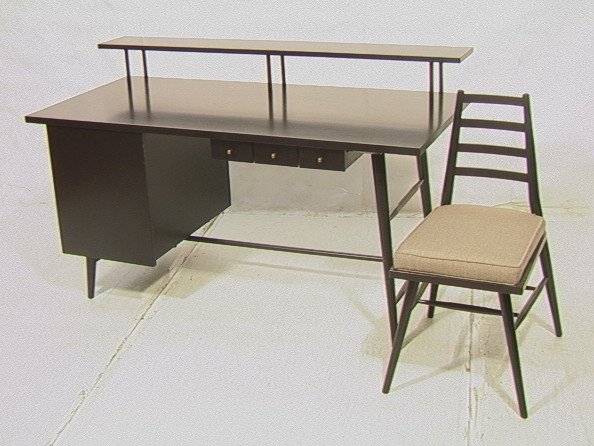 PAUL McCOBB Ebonized Desk And Chair. Three Small: PAUL McCOBB Ebonized Desk And Chair. Three Small Drawers & one door. Three interior drawers. Full length upper shelf.-- Dimensions: H: 36.25 inches: D: 28 inches: L: 60 inches ---