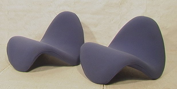 Pr PIERRE PAULIN Tongue Lounge Chairs. Blue Uphol: Pr PIERRE PAULIN Tongue Lounge Chairs. Blue Upholstered Curvilinear Chairs. Unmarked.-- Dimensions: H: 24 inches: W: 34 inches: D: 38 inches ---