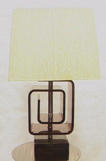 PIERRE CARDIN style Smoked Lucite Table Lamp. Alu: PIERRE CARDIN style Smoked Lucite Table Lamp. Aluminum Rod. Square Lucite Base. Unmarked.-- Dimensions: H: 30 inches: W: 16 inches: D: 16 inches ---