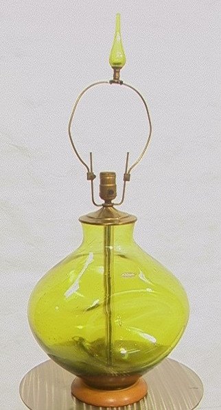 Large Bulbous BLENKO Dimpled Green Glass Lamp. Ma: Large Bulbous BLENKO Dimpled Green Glass Lamp. Matching Glass Finial. Wood Base. Paper Blenko label (worn).-- Dimensions: H: 31 inches: W: 13 inches: D: 12 inches ---