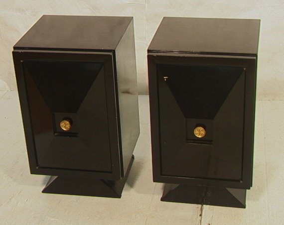 Pr JAMES MONT Style Sculpted Front Night Stands.: Pr JAMES MONT Style Sculpted Front Night Stands. Black Lacquer. Pyramidal bases. Gold painted wood pulls. unmarked.-- Dimensions: H: 27 inches: W: 16 inches: D: 18 inches ---