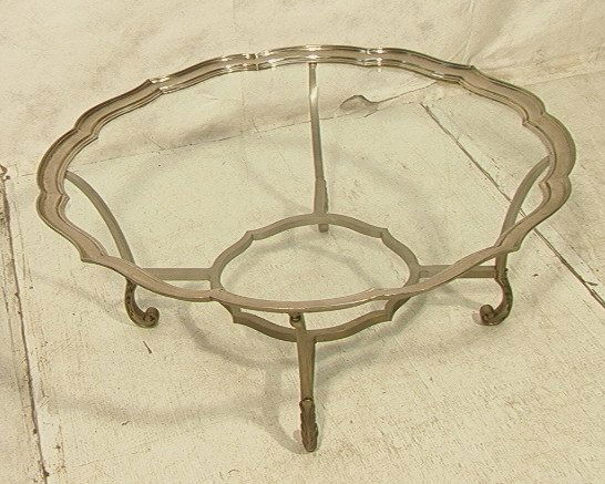 Steel Decorator Glass Tray Top Coffee Table. Four: Steel Decorator Glass Tray Top Coffee Table. Four Legs with stretcher. -- Dimensions: H: 16.5 inches: W: 42 inches: D: 42 inches ---
