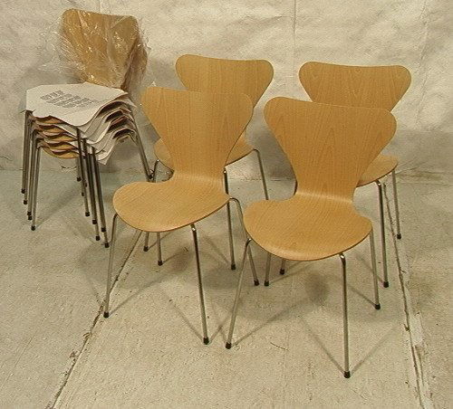 Set 9 Republic of FRITZ HANSEN Stacking Chairs. D: Set 9 Republic of FRITZ HANSEN Stacking Chairs. Designed by ARNE JACOBSEN. Laminated Plywood Bent Seats. Shiny Chrome Rod Legs.Stamped & Sticker Label. -- Dimensions: H: 32 inches: W: 18 inches: D: 20