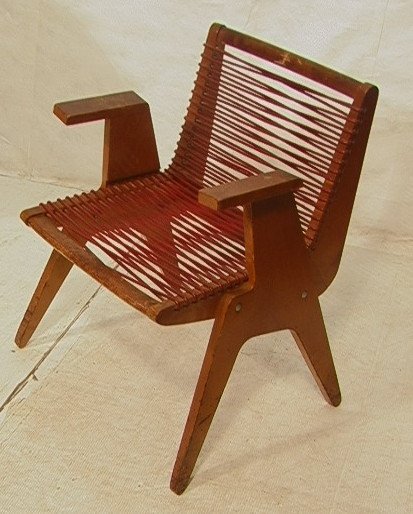 ROBERT KAYTON Assoc. Rope Arm Chair. Wood Frame w: ROBERT KAYTON Assoc. Rope Arm Chair. Wood Frame with red rubber covered rope seat and back. -- Dimensions: H: 31.5 inches: W: 21 inches: D: 21 inches ---