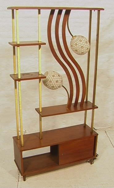 American Modern Display Shelf Cabinet. Glass Hone: American Modern Display Shelf Cabinet. Glass Honeycomb Shades. One sliding door cabinet on bottom. -- Dimensions: H: 72 inches: W: 36 inches: D: 8.5 inches ---