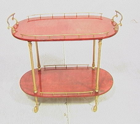 Aldo Tura Bar Cart Server. Red Stained Goatskin: Aldo Tura Bar Cart Server. Red Stained Goatskin Lacquer. Gilt Metal.-- Dimensions: H: 29.5 inches: W: 33.5 inches: D: 15 inches ---