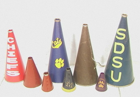Set 8 Vintage Cheerleader Megaphones. Assorted Sc: Set 8 Vintage Cheerleader Megaphones. Assorted Schools and Universities. Great for restaurant or bar decor.-- Dimensions: H: 28.5 inches ---