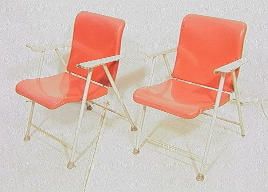 Pr RUSSEL WRIGHT Outdoor SAMSON Folding Chairs. T: Pr RUSSEL WRIGHT Outdoor SAMSON Folding Chairs. Two salmon and white painted metal chairs. Marked: SHWAYDER BROS. -- Dimensions: H: 31.5 inches: W: 26 inches: D: 25 inches ---