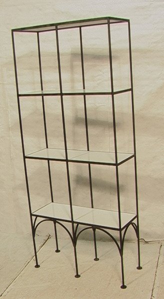 PAUL McCOBB style Heavy Iron Etagere Display Unit: PAUL McCOBB style Heavy Iron Etagere Display Unit. Four levels with ribbed milk glass shelves.-- Dimensions: H: 87 inches: W: 36 inches: D: 15 inches ---