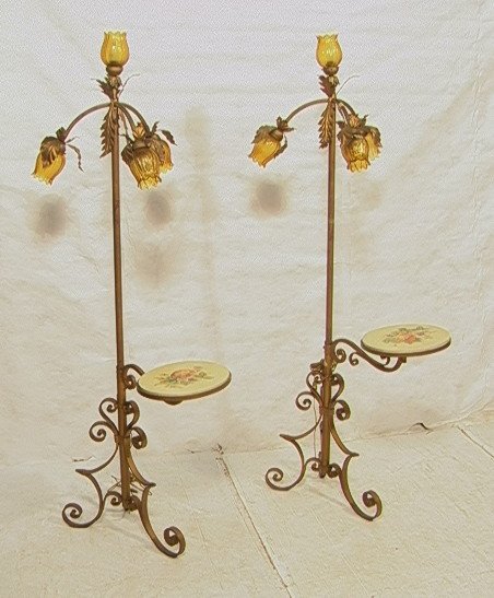 Tall Gold Metal Floor Lamps with Decoupage Marble: Tall Gold Metal Floor Lamps with Decoupage Marble Shelf. Three gold flower petal arms with gold glass shades. Fancy scroll base. -- Dimensions: H: 76 inches: W: 34 inches: D: 23 inches ---