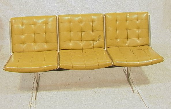 HERMAN MILLER Aluminum Group 3 Seat Bench Sofa Co: HERMAN MILLER Aluminum Group 3 Seat Bench Sofa Couch. Yellow Vinyl. Aluminum frame. Unmarked.-- Dimensions: H: 32 inches: W: 69 inches: D: 26 inches ---