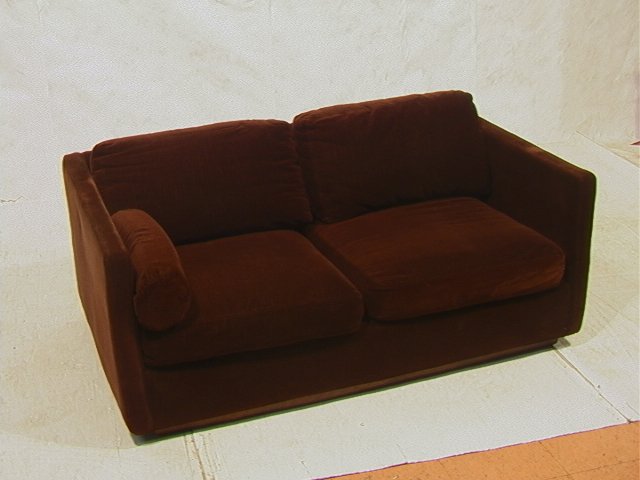 SELIG Sweden Brown Upholstered Velour Love Seat.: SELIG Sweden Brown Upholstered Velour Love Seat. All Upholstered. Two back cushions. Marked.-- Dimensions: H: 28 inches: W: 59 inches: D: 37 inches ---