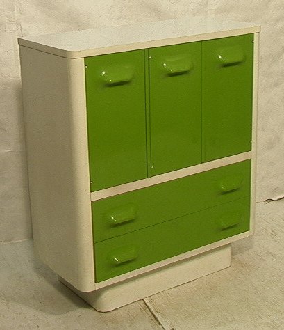 BROYHILL PREMIER Tall Chest. Raymond Loewy style.: BROYHILL PREMIER Tall Chest. Raymond Loewy style. Green plastic molded fronts in white lacquer Cabinet dresser. White laminate top. -- Dimensions: H: 45.5 inches: W: 39 inches: D: 19 inches ---