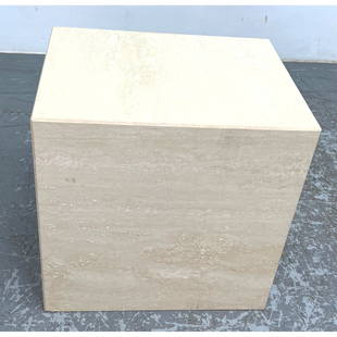 Modernist Travertine Rectangle Cube Side Table Pedestal.: Modernist Travertine Rectangle Cube Side Table Pedestal. Dimensions: Height: 18 inches, Width: 18 inches, Depth: 14 inches. --- - - We offer curbside delivery to NYC, Manhattan, Close Brooklyn, Hoboke