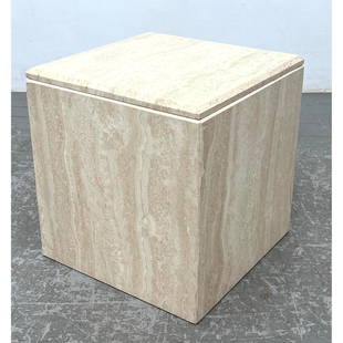 Travertine Marble Square Cube Side Table. Swivel square top is removable.: Travertine Marble Square Cube Side Table. Swivel square top is removable. Dimensions: Height: 16.5 inches, Width: 15.5 inches, Depth: 15.5 inches. --- - - We offer curbside delivery to NYC, Manhattan,