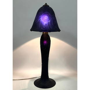 David Hartman Cobalt Glass Lamp, Sand blasting by Carla Wingate, 1979: David Hartman Cobalt Glass Lamp, Sand blasting by Carla Wingate, 1979 Dimensions: Height: 25 inches, Width: 9 inches, Depth: 9 inches. --- US Packing and Shipping charge: In house shipping available.