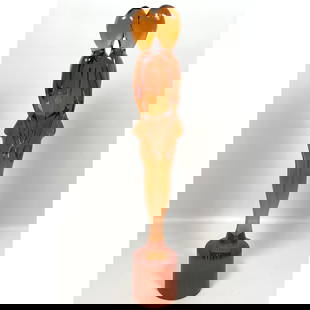 Signed RENATO ANATRA Art Glass Sculpture. Murano, Italy Amber Glass Embracing Couple. Lovers. Signed: Signed RENATO ANATRA Art Glass Sculpture. Murano, Italy Amber Glass Embracing Couple. Lovers. Signed. Dimensions: Height: 19.5 inches, Width: 4 inches, Depth: 3 inches. --- US Packing and