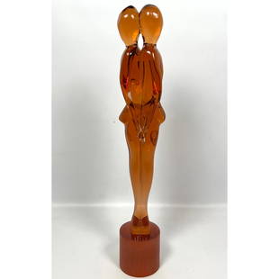 Signed RENATO ANATRA Art Glass Sculpture. Murano, Italy Amber Glass Embracing Couple. Lovers. Signed: Signed RENATO ANATRA Art Glass Sculpture. Murano, Italy Amber Glass Embracing Couple. Lovers. Signed. Dimensions: Height: 19.5 inches, Width: 4 inches, Depth: 3 inches. --- US Packing and Shipping cha