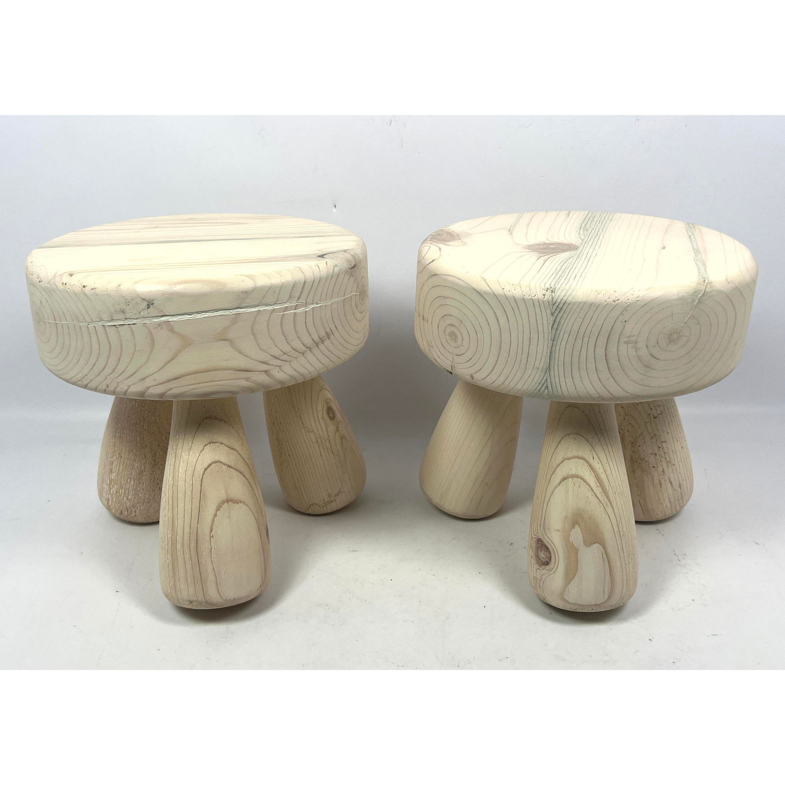 Pr Bleached Pine Tripod Leg Short Stools Charlotte Perriand style. Club form Legs. (1 of 9)