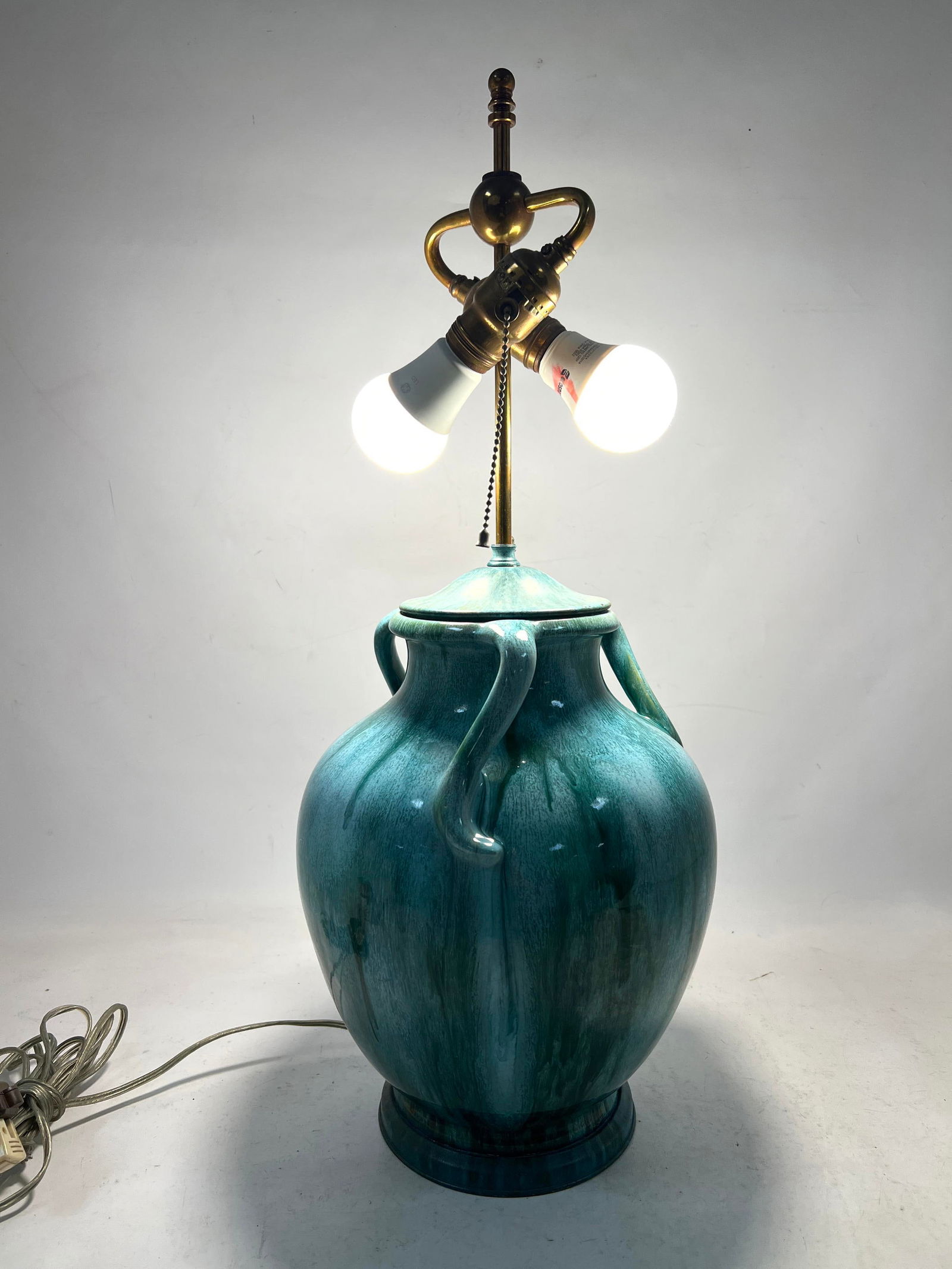 Large Green Glazed Art Pottery Urn Table Lamp. 3 Applied Curled Handles. Great glaze. (1 of 11)
