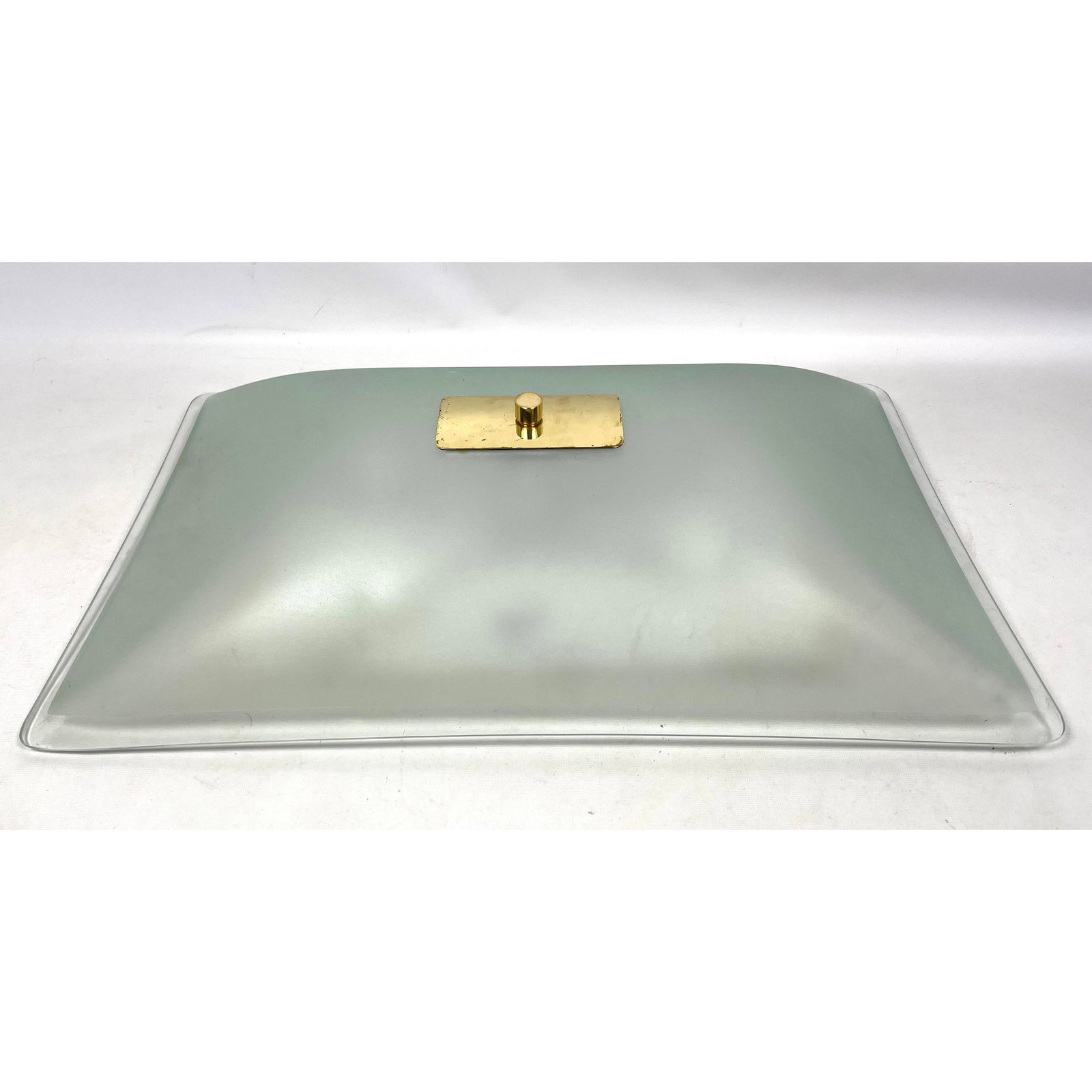 Domed Frosted Glass Ceiling Mount Light. Brass Trim.: Domed Frosted Glass Ceiling Mount Light. Brass Trim. Dimensions: Height: 5 inches, Width: 25.5 inches, Depth: 15.25 inches. --- - - We offer curbside delivery to NYC, Manhattan, Close Brooklyn, Hoboke