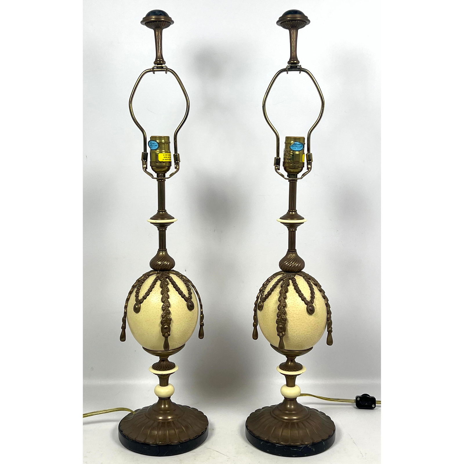Pr Vintage Chapman Ostrich Egg Bronze Table Lamps. Decorator style. Black marble bases. (1 of 11)