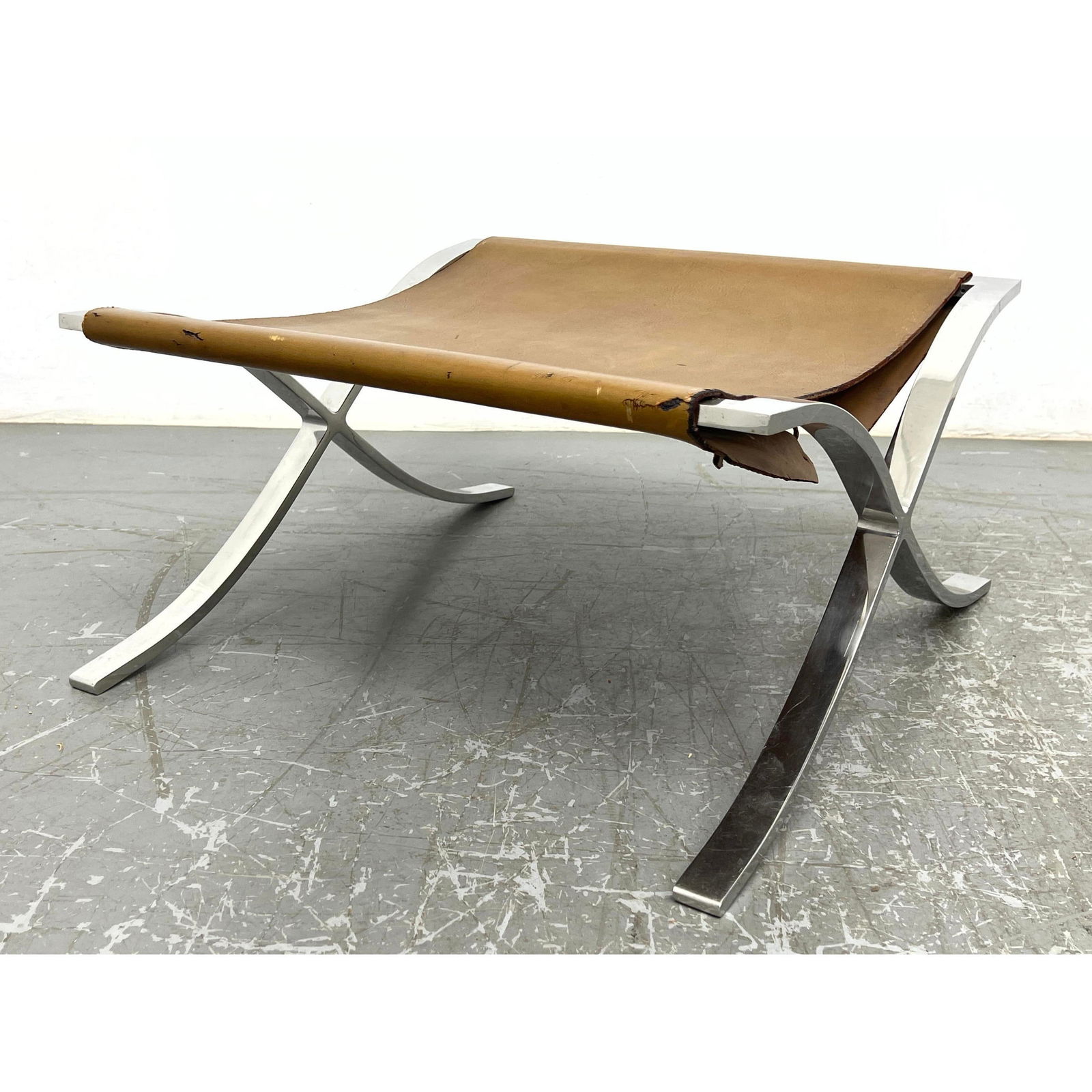 Barcelona style Ottoman Footstool. Modernist Chrome form. Leather sling top. Attributed to knoll. (1 of 11)