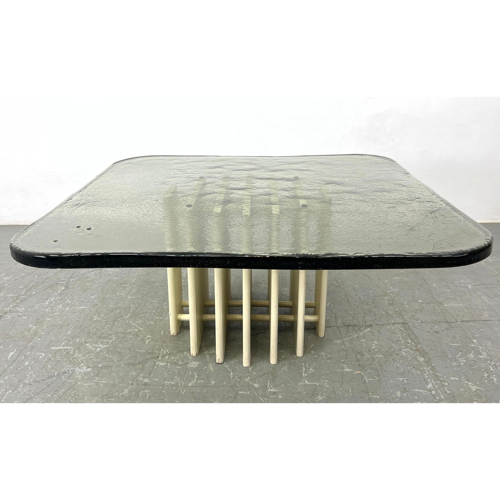 Sculptural Glass Top Coffee Table by Heinz Lilienthal Glass Top Coffee Table. Graduating slat painte: Sculptural Glass Top Coffee Table by Heinz Lilienthal Glass Top Coffee Table. Graduating slat painted wood base. Thick square textured glass top with internal bubbles. Very thick heavy poured glass to
