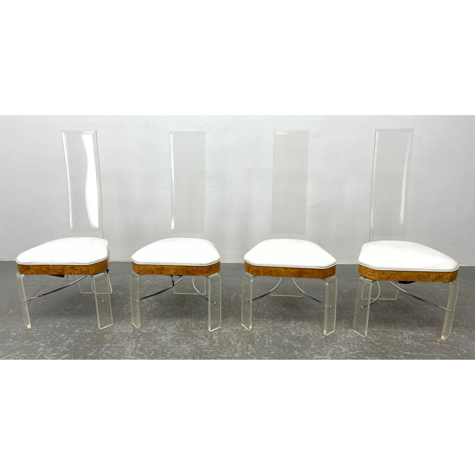 Set 4 Lucite and Burl maple High back dining chairs by Hill Manufacturing. Tripod frame leg with chr (1 of 11)