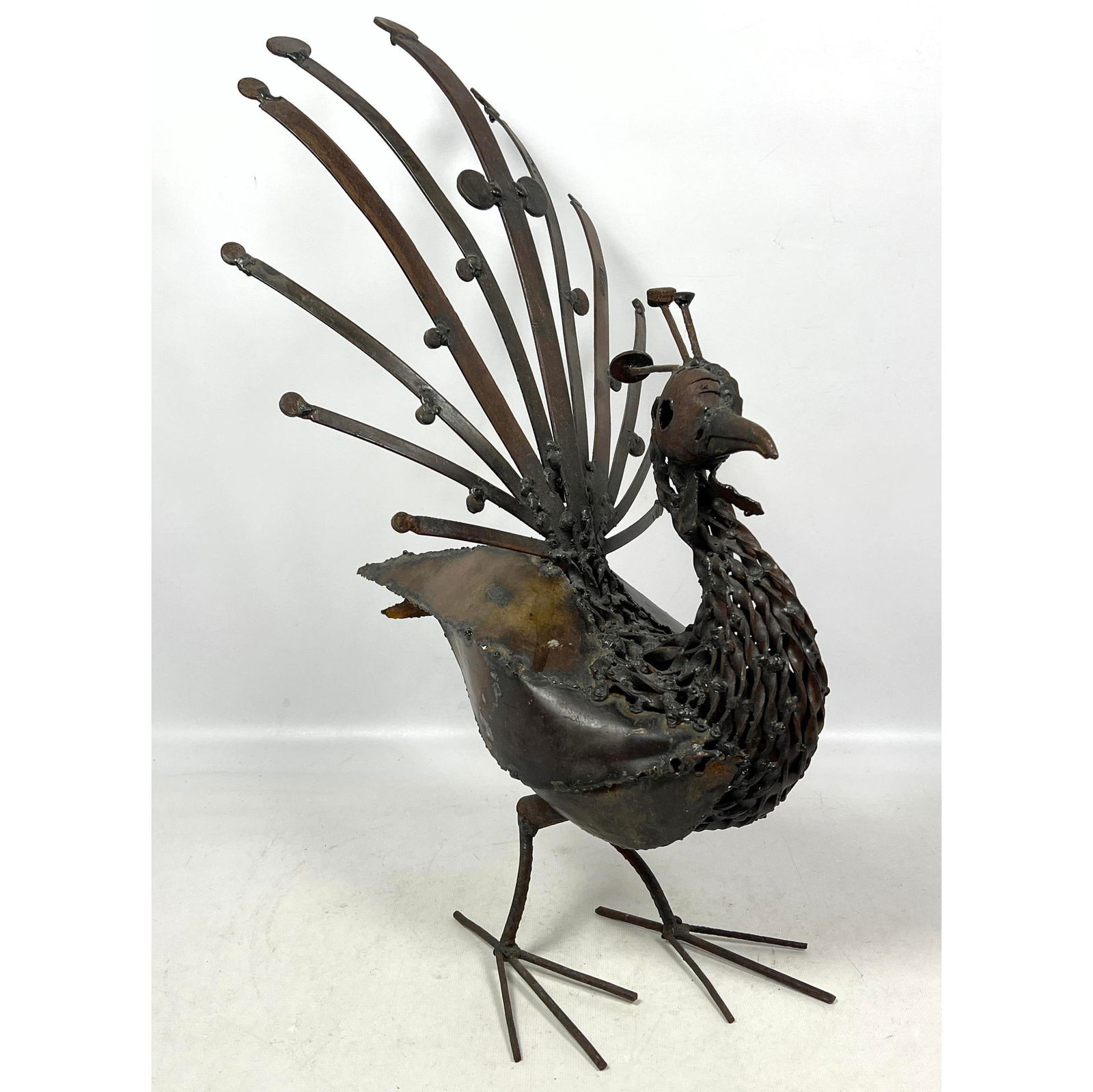 Brutalist Welded Metal Peacock Sculpture. Unmarked. (1 of 10)