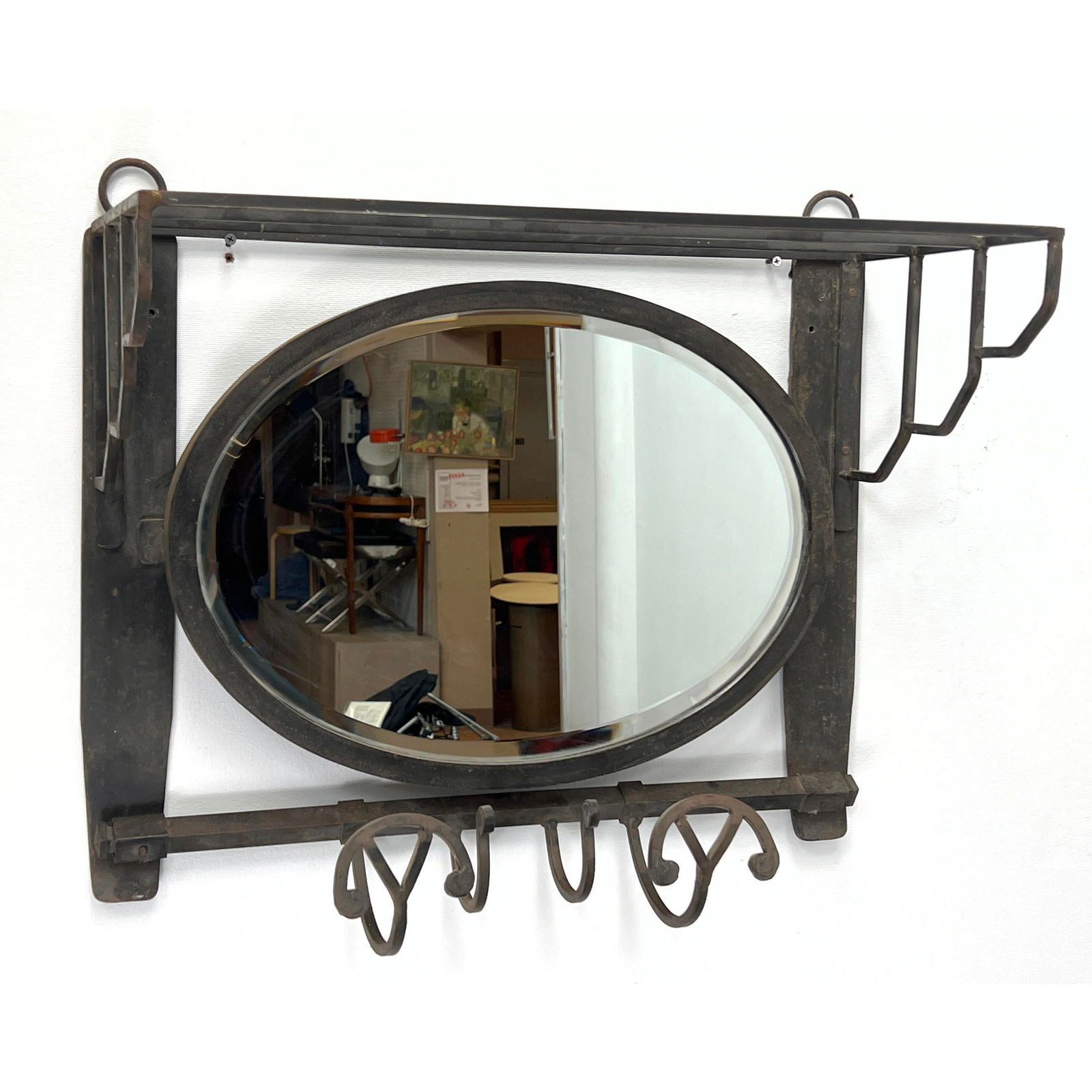 French style wrought iron art Deco mirror hall hook rack. Vintage. (1 of 7)