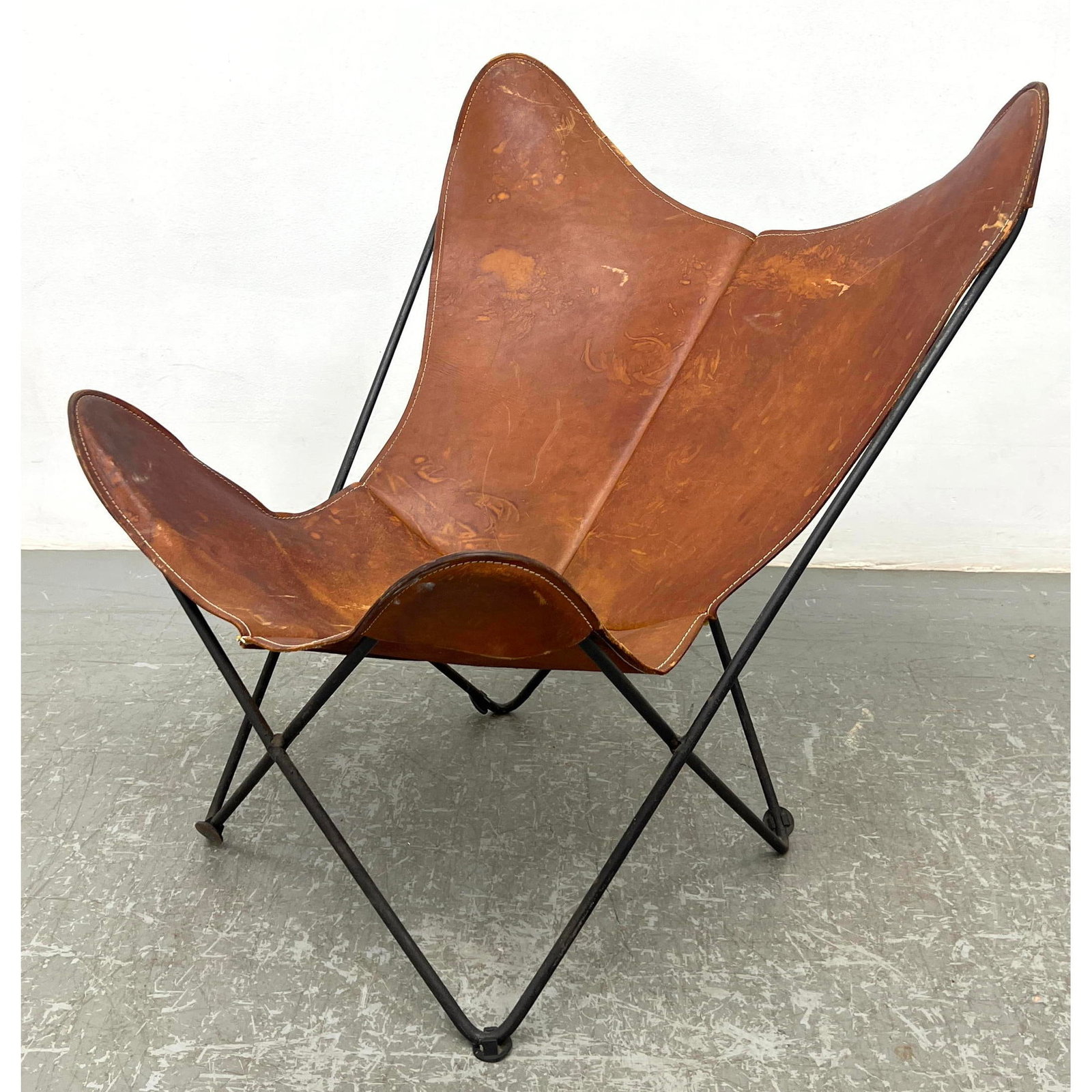 Mid Century Modern Leather Chair Iron Butterfly Base. Attributed to Knoll Hardoy (1 of 11)