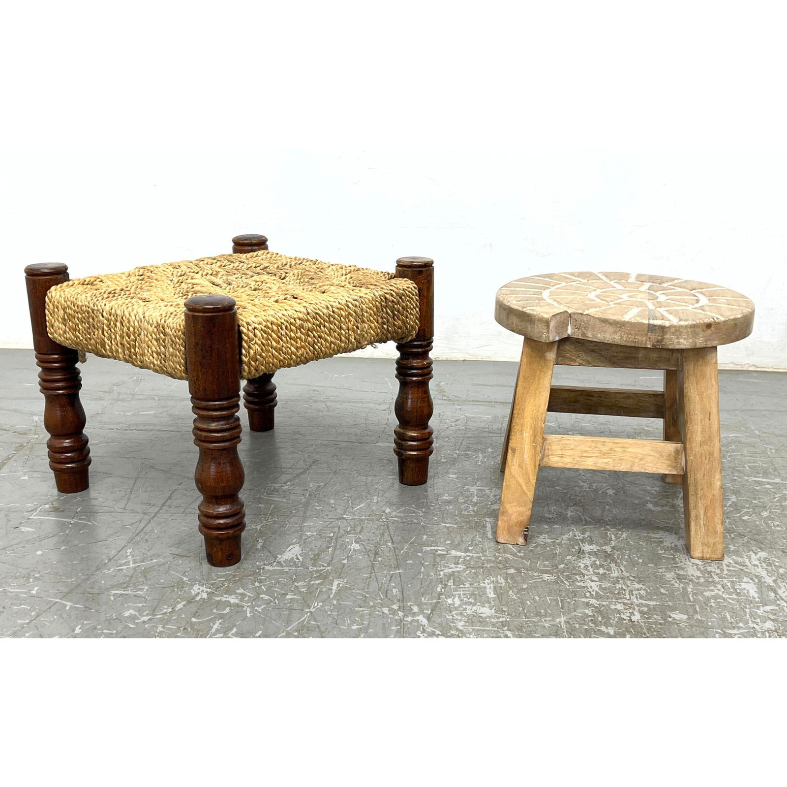 2pc foot stools. Primitive pine stool with spiral snail design on top  and rush seat stool. (1 of 12)