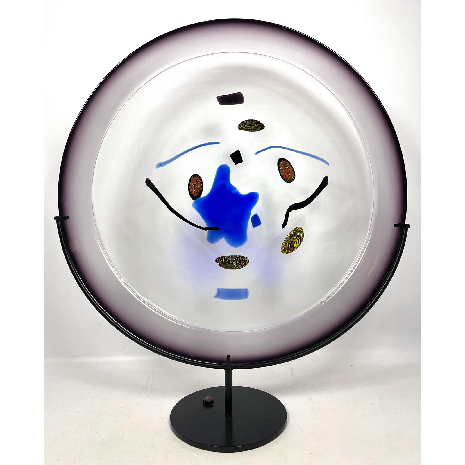 Large PAOLO CREPAX LA FILIGRANA Murano Italian Art Glass Charger. Iron Stand. Etched signature. Abst (1 of 12)