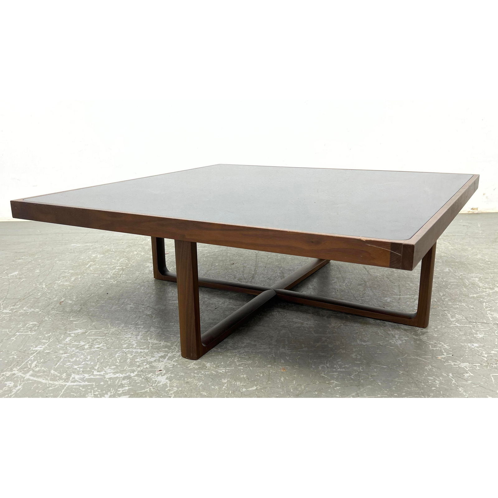 American Modern Walnut Coffee Cocktail table. Inset Dark Glass Top. (1 of 9)
