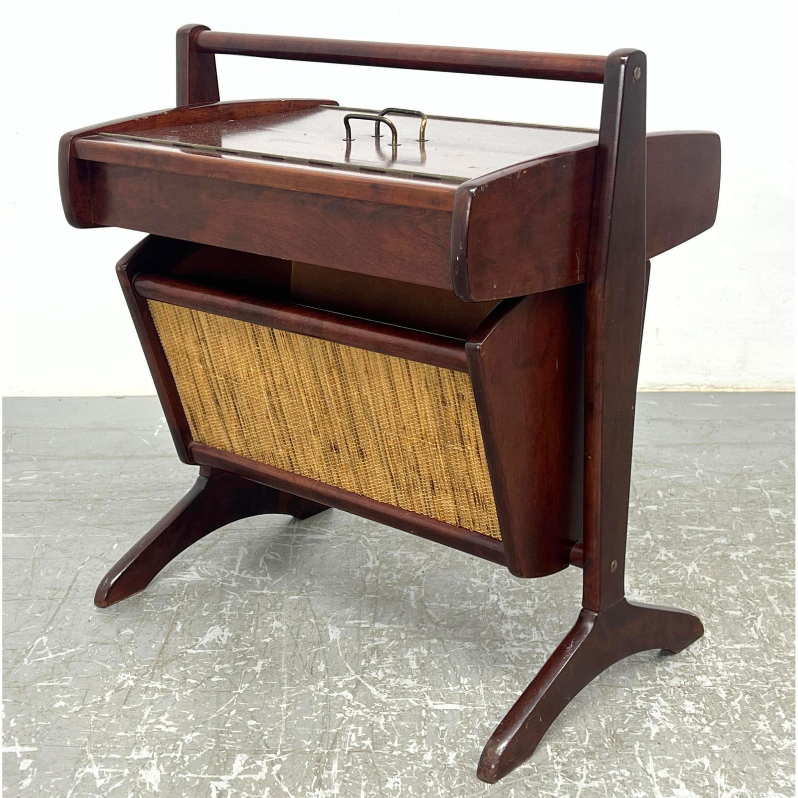 Danish modern vintage sewing stand. Flip out cane front compartment. Shiny mahogany finish. (1 of 9)