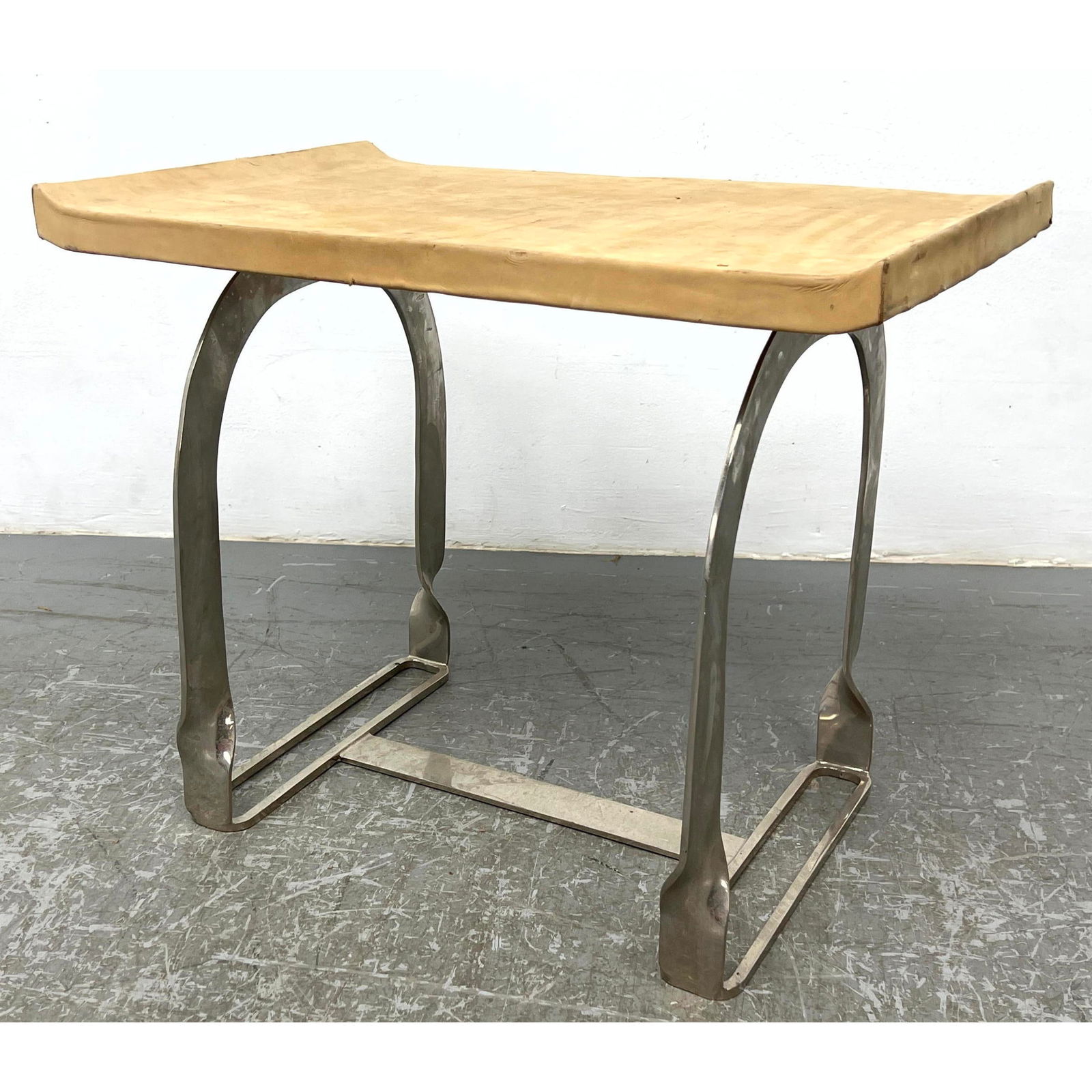 Equestrian themed nickel plated table. Leather Wrapped Wood Top on stirrup stye metal base. French. (1 of 10)