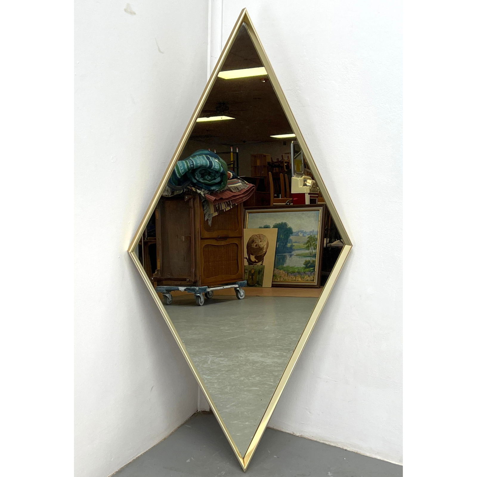 Modernist Diamond Wall Mirror with Gold Tone Metal Frame. (1 of 7)